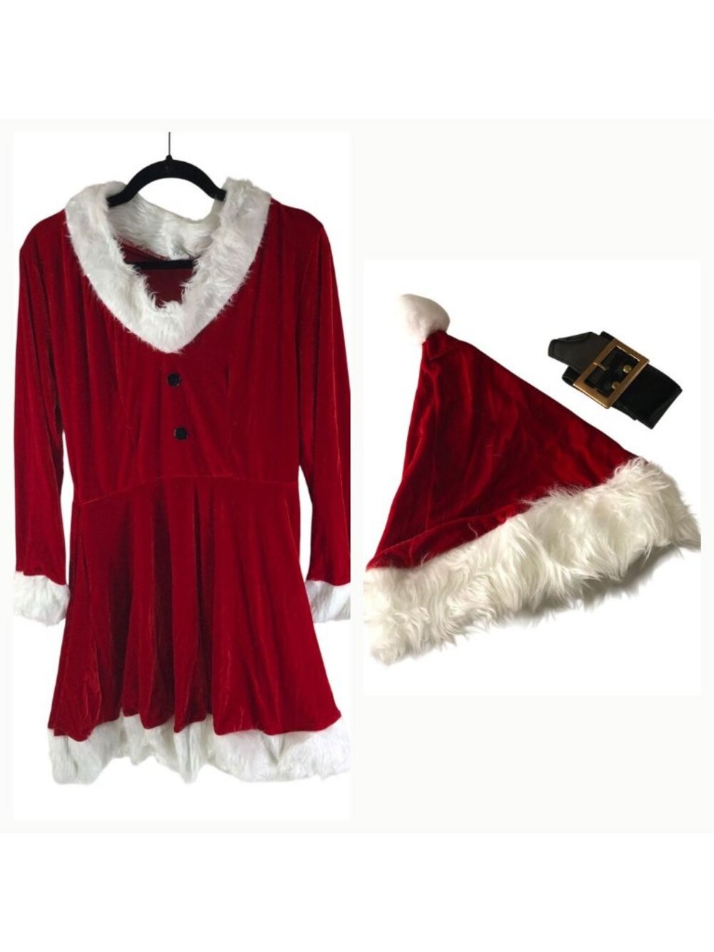 Red Velvet Santa Dress Costume With Faux Fur Trim Hat & Belt - Womens Medium
